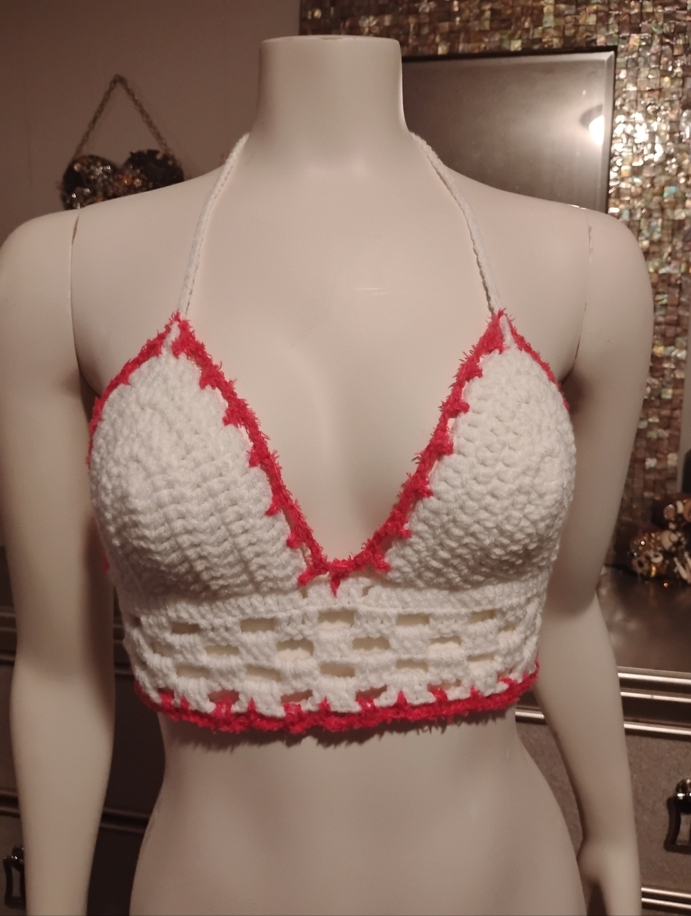 Crocheted White Halter Bralette with Pink Trim